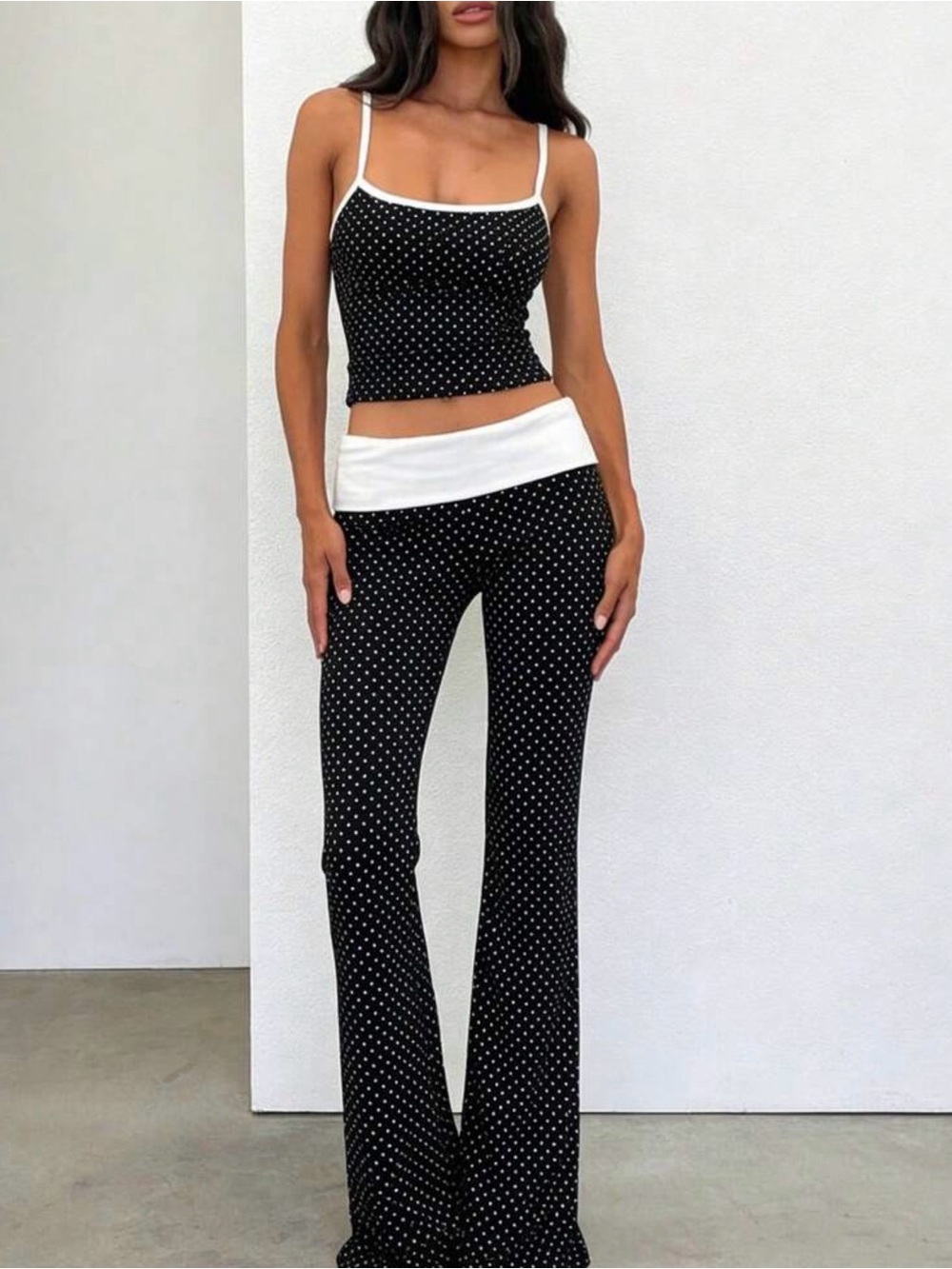 SHEIN Black & White Polka Dot High-Waist Flare Pants with Cami